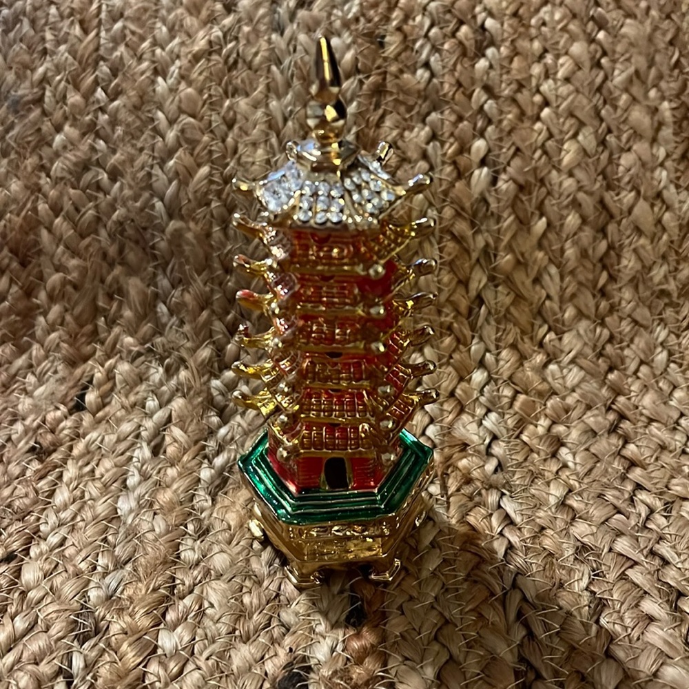Wenchang Tower Pagoda Bejeweled Hinged Metal Enameled Rhinestone Trinket Box.